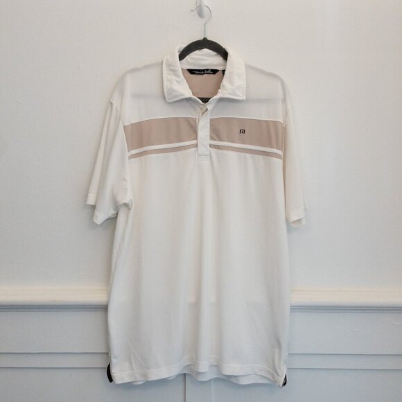 Travis Mathew XL White Golf Polo Shirt Tan Stripe Stretch Athletic Fit - Picture 1 of 4
